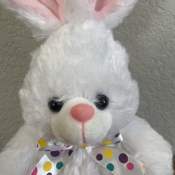 MEGA TOYS WHITE PINK BUNNY RABBIT PLUSH STUFFED ANIMAL POLKA DOT RIBBON TOY 12” - Picture 3 of 10